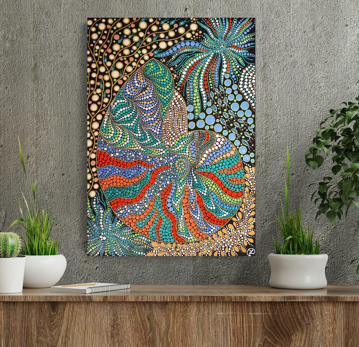 Expressive Landscape Acrylic Painting By Oxana Lazari, 20 X 28", Ammonite Shell, Original Artwork