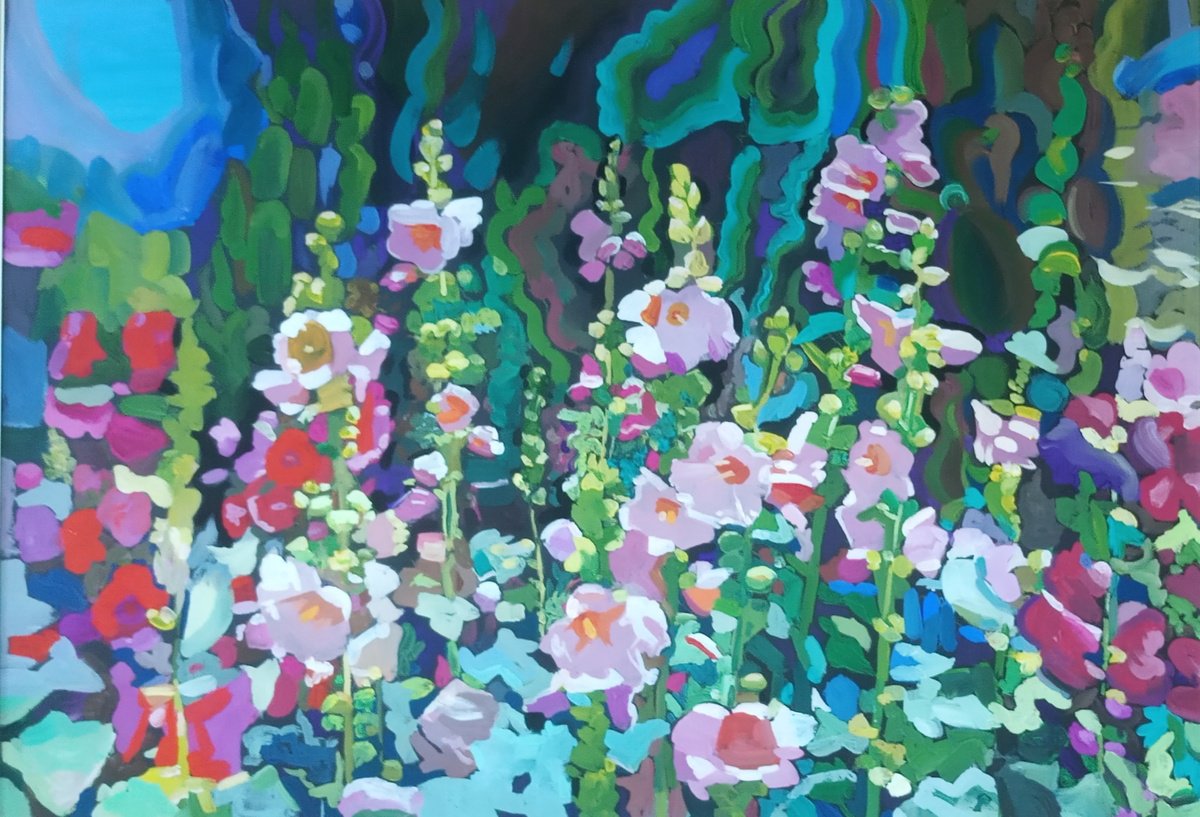 Impressionistic Botanical Painting By Valentina Kachina, 39 X 28", Hollyhocks Bloom, Original Artwork