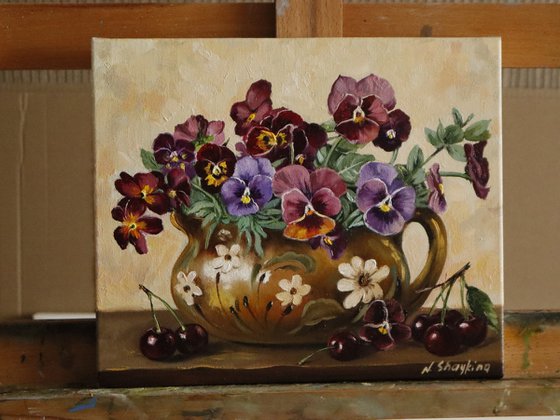 Pansies in Rustic Jug with Cherries