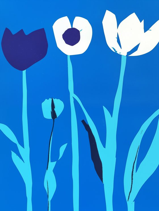 Blue Risograph of White Tulips