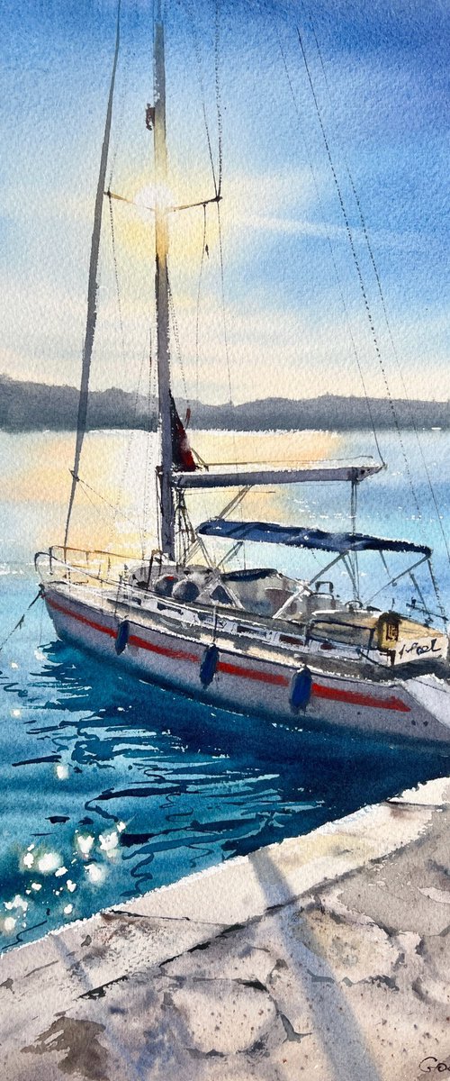 Yacht at anchor at sunset #3 by Eugenia Gorbacheva