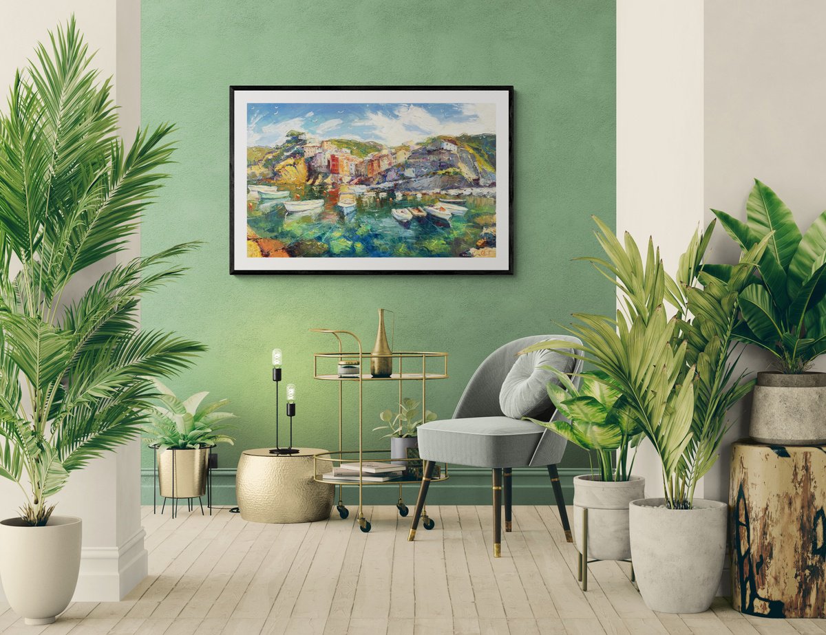 Impressionistic Cityscapes Oil Painting By Evgeny Chernyakovsky, 31 X 20, Boats At The Pier, Original Artwork