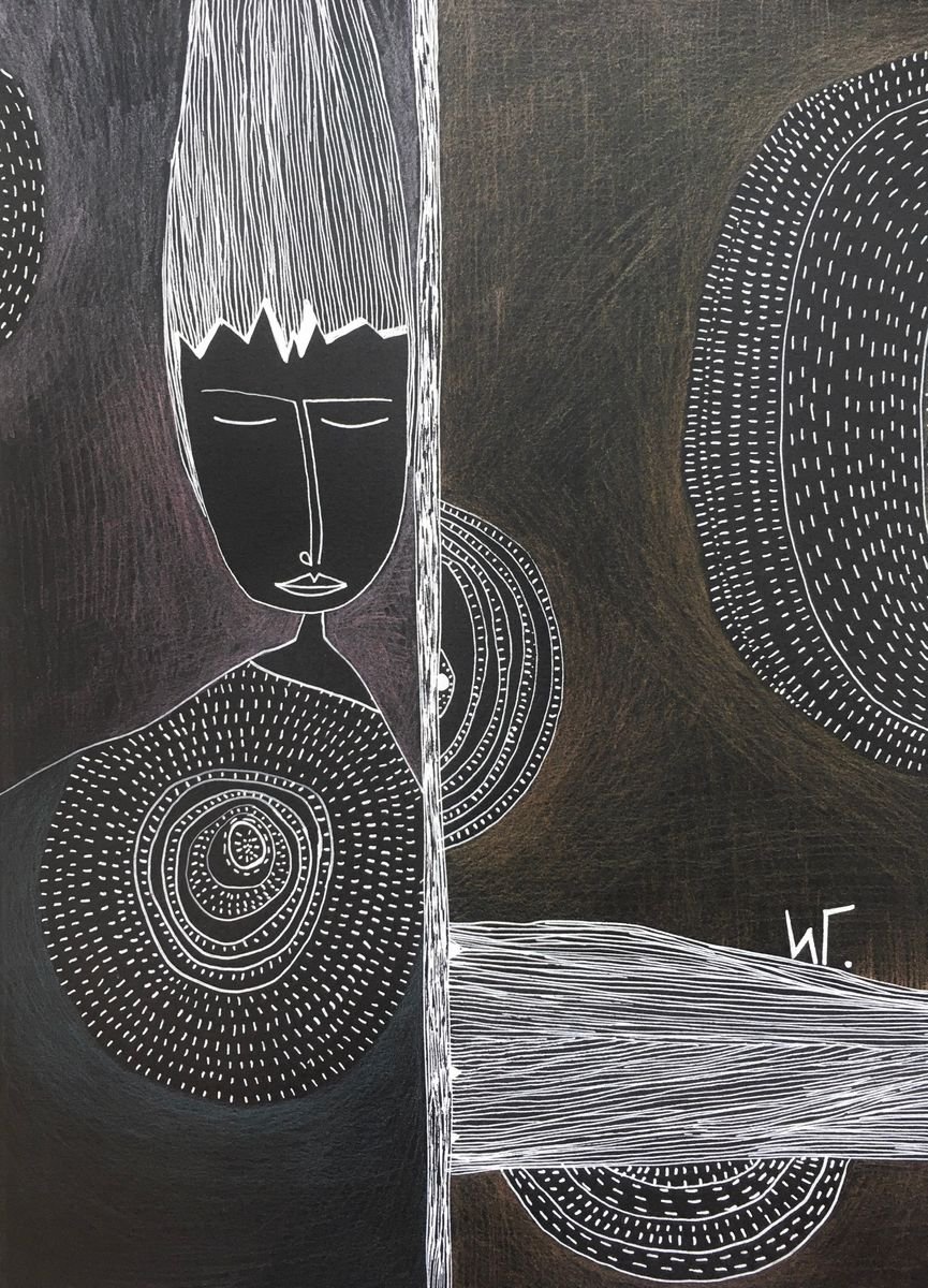 Naive Portrait Drawing By Irina Goleva, 14 X 17, Quiet Part, Original Artwork