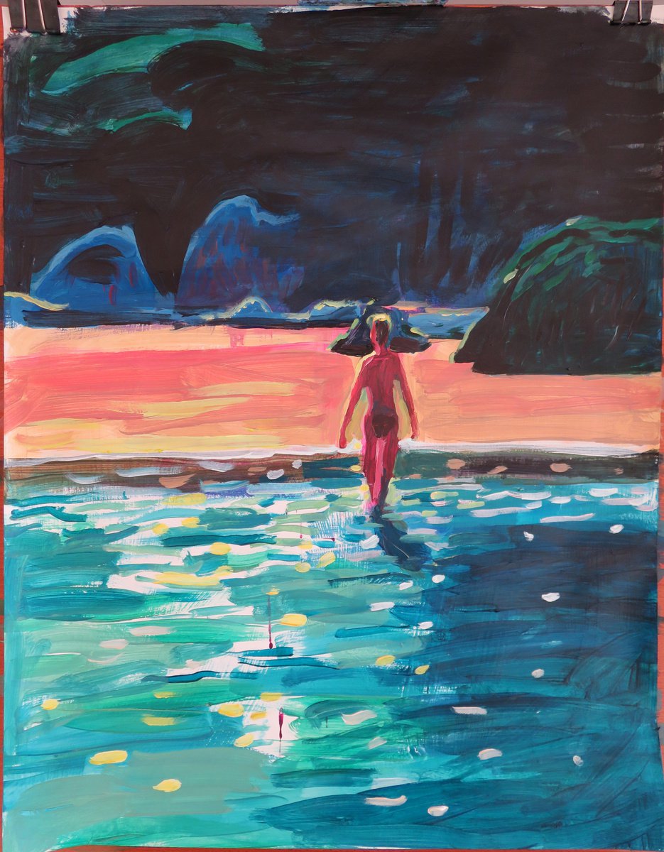 Impressionistic Landscape Acrylic Painting By Stephen Abela, 22 X 28", Beach Scene With Figure, Original Artwork