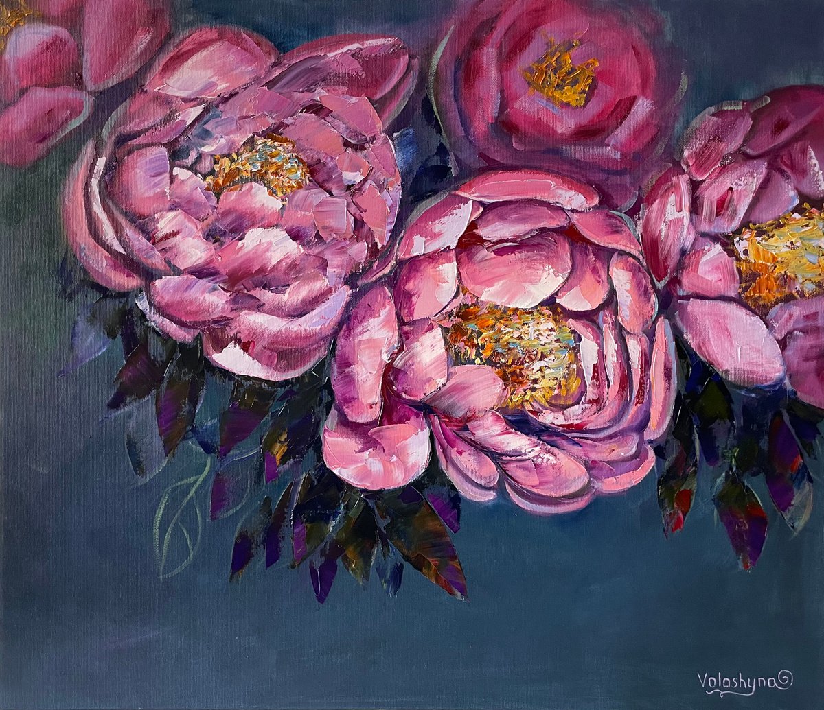 Pink peonies. Flowers original oil painting by Mary Voloshyna
