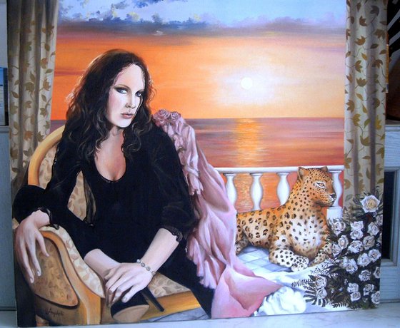 Lady with leopard - original painting - oil - landscape