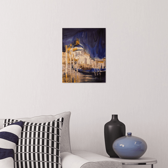 Venice in the night. Original watercolor. Small painting art italy nocturne landscape street sea urban romantic impressionistic impression interior decor