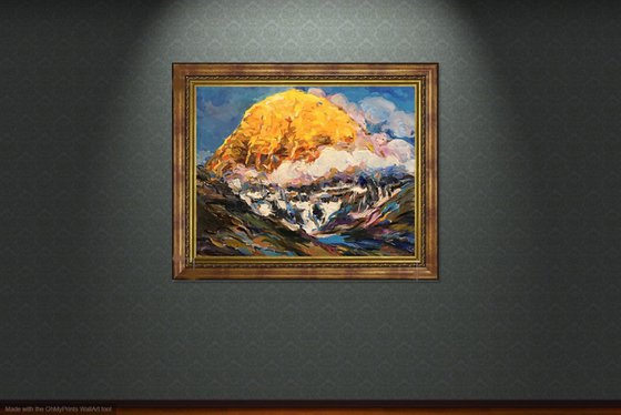 HIMALAYAS.  KAILASH MOUNT - landscape art, mountainscape, mountain, yellow sunset over the mountains 72x91