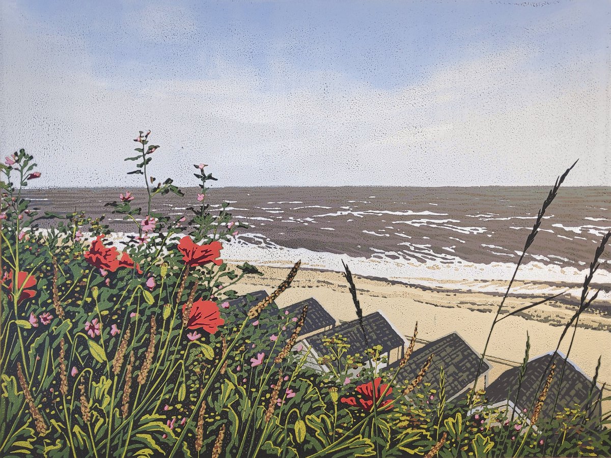 Impressionistic Landscape Linocut By Alexandra Buckle, 18 X 14, Seaside Poppies, Original Artwork