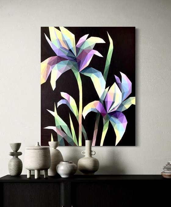 LILAC IRISES ON BLACK