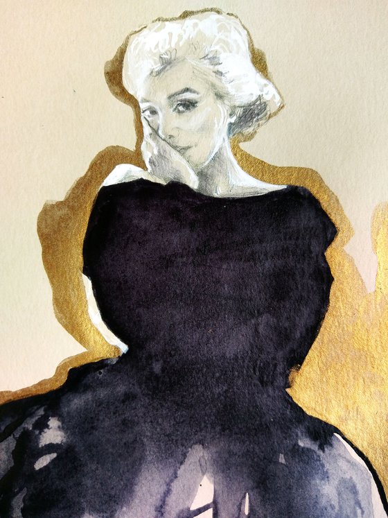 Golden Marilyn Monroe #5 / Realistic Pencil Mixed Media Modern Sketch/ Gold Black White / Gift idea