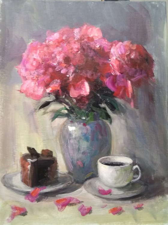 Tea Party With A Bouquet Of Peonies