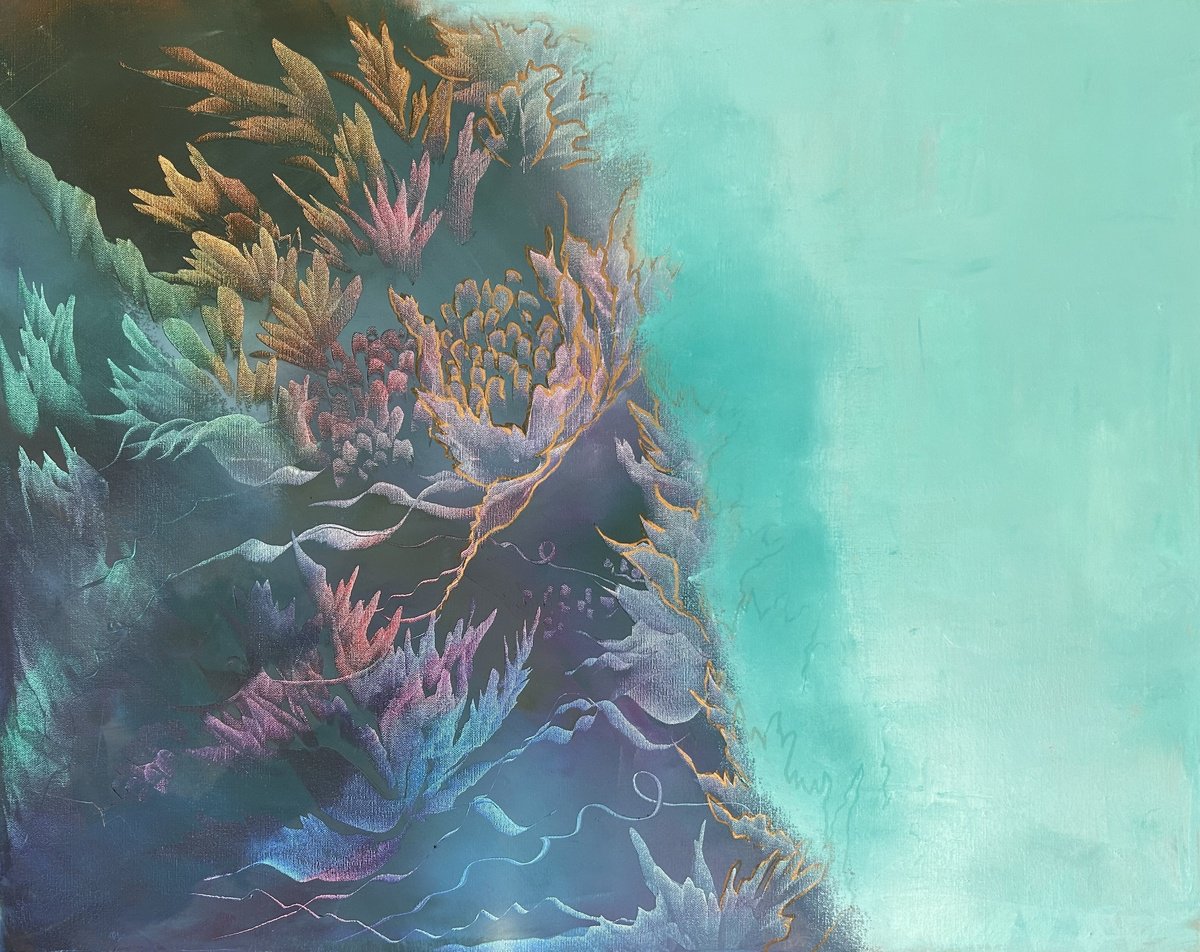 Expressive Botanical Oil Painting By Ludmila Budanov, 39 X 31", Orange Mist, Original Artwork