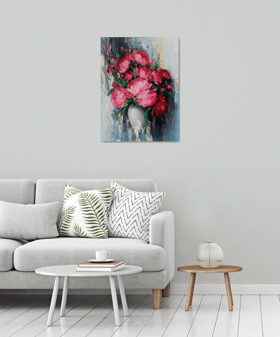 Peonies (60x80cm, oil painting, palette knife, ready to hang)