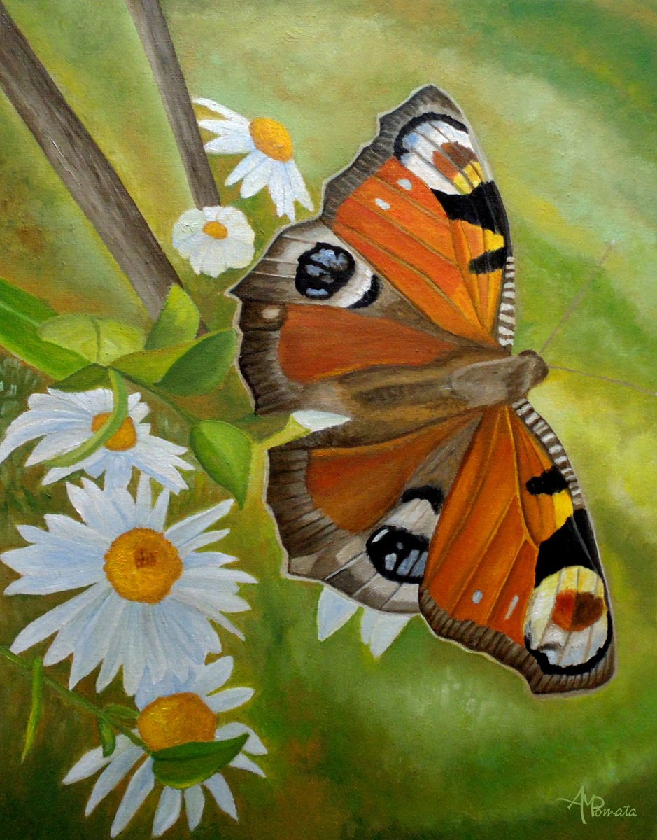 Naive Animal Oil Painting By Angeles M. Pomata, 13 X 16, Peacock Butterfly, Original Artwork