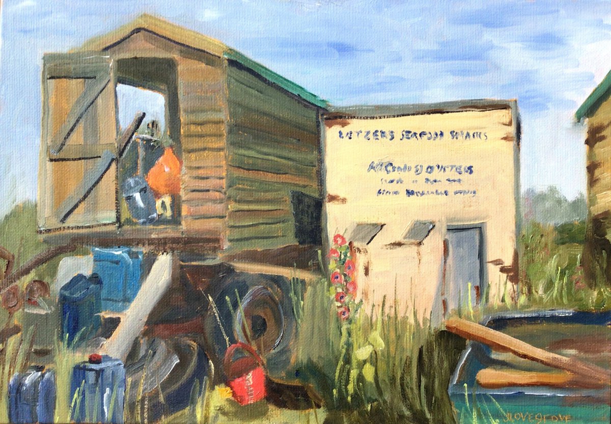 Old Sheds at Brancaster Staithes, Norfolk. An original oil painting. by Julian Lovegrove Art