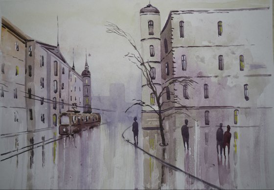 Autumn Kiev street. Watercolor painting