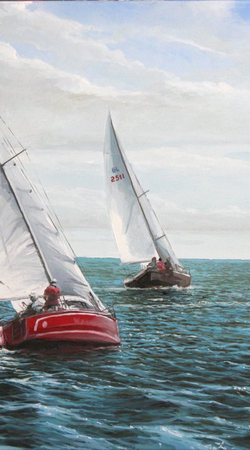 Regatta (yacht racing). 80x60 SEA. ORIGINAL OIL PAINTING, GIFT by Linar Ganeev