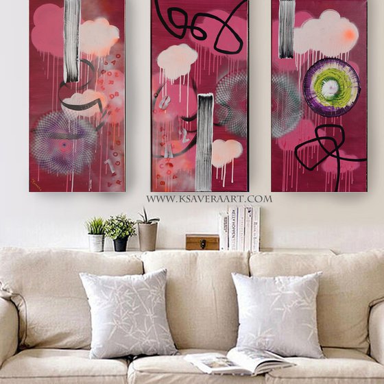 Burgundy Large abstract paintings A728 100x150x2 cm set of 3 original abstract acrylic paintings on stretched canvas
