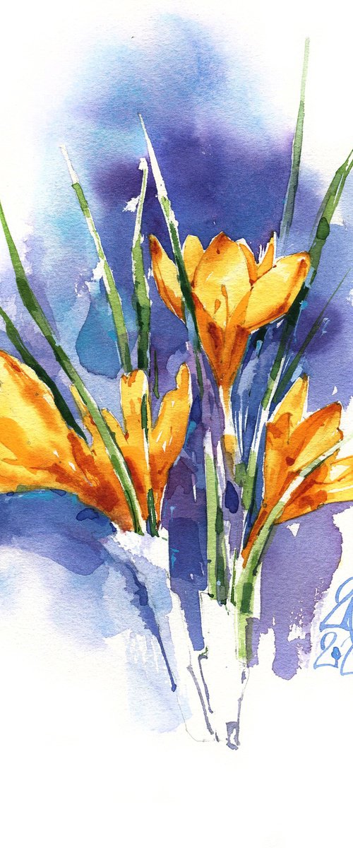 "Fiery" spring flowers crocuses yellow orange watercolours by Ksenia Selianko