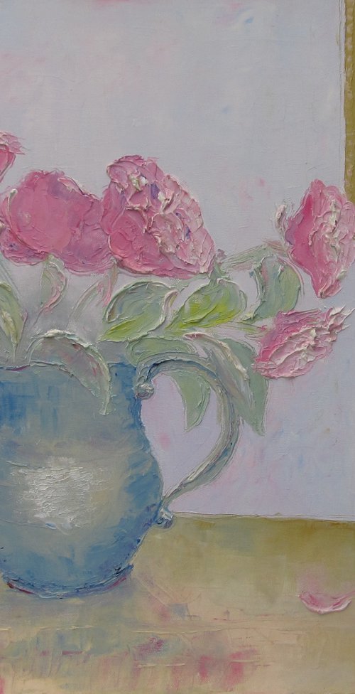 Roses in Blue Jug by Brenda Burgess