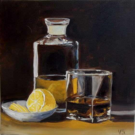 Cognac with lemon. Still life, 25x25cm