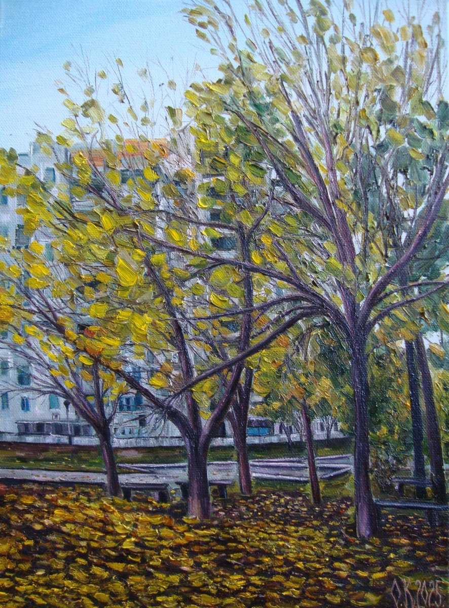 Photorealistic Landscape Oil Painting By Olga Knezevic, 12 X 16", Yellow Autumn, Original Artwork