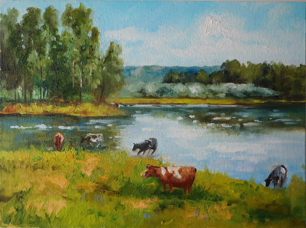 Photorealistic Oil Painting , Cows By The Riverside, Pastoral Scene By Natalia Shaykina, 11 X 9, Artwork For Sale On Artfinder