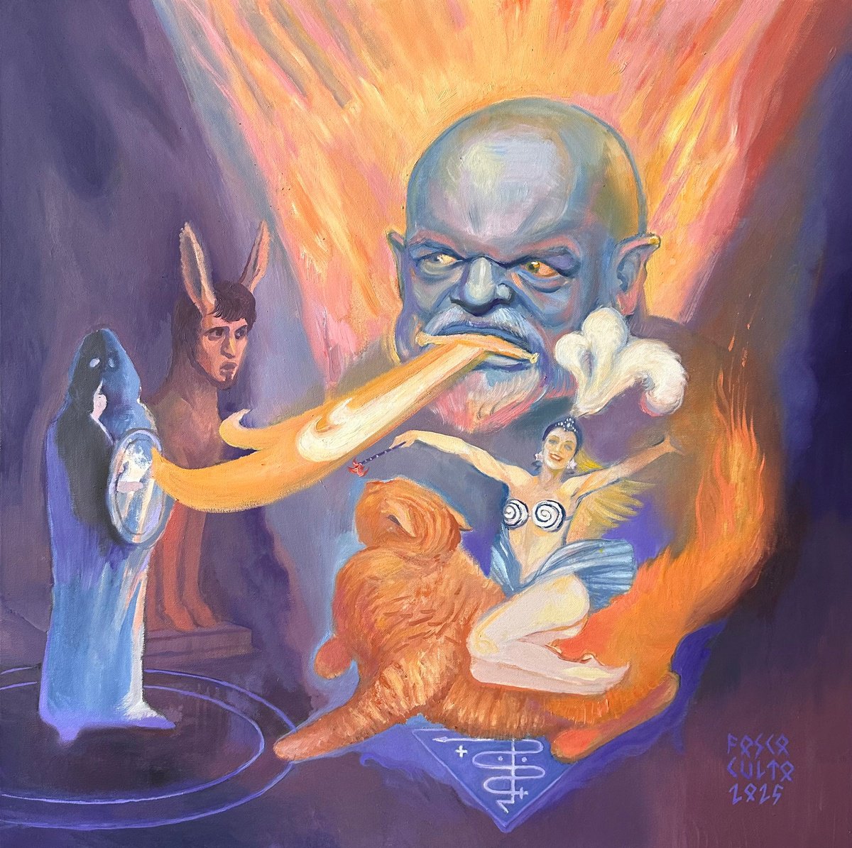 Surrealistic Portrait Oil Painting By Fosco Culto, 31 X 31, Invocation, Original Artwork