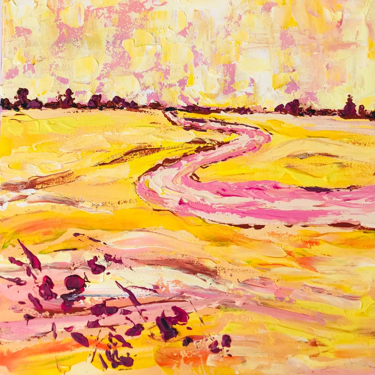 Abstract Landscape Acrylic Painting By Tetiana Pchelnykova, 12 X 12", Yellow Mood, Silence Series, Original Artwork