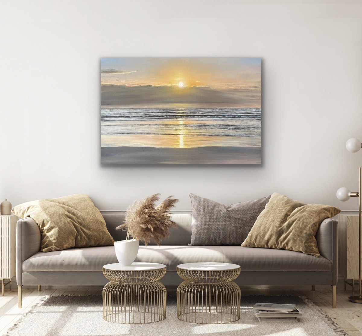 Photorealistic Oil Painting , Golden Stillness - Ocean Sunset By Aflatun Israilov, 47 X 31, Artwork For Sale On Artfinder