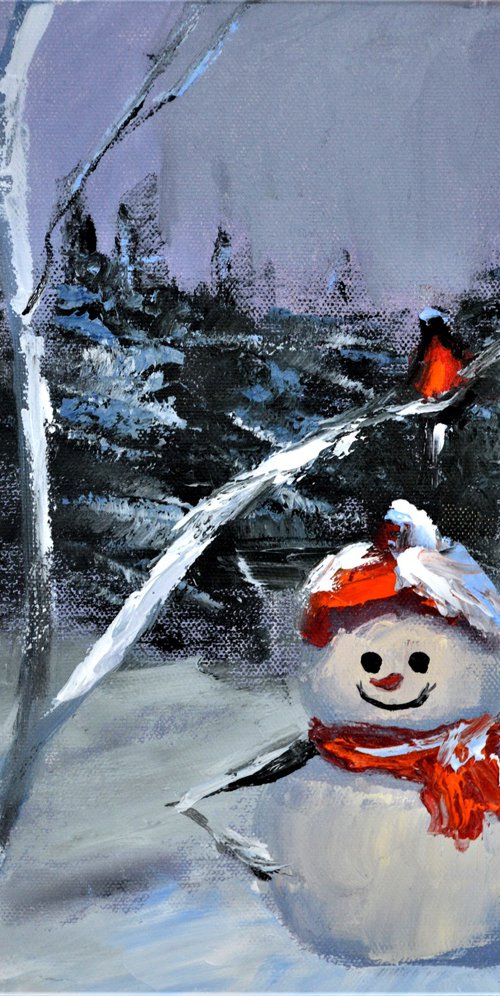 Snowman and bullfinches by Elena Lukina