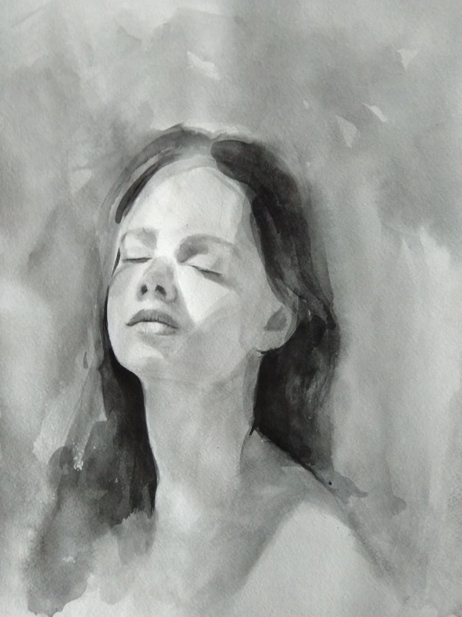 Portrait Watercolour By Kamsar Ohanyan, 12 X 16", Black White Portrait, Original Artwork
