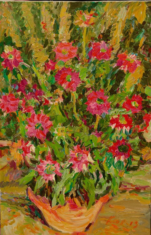 Spring Flowers - Still Life - Oil Painting - Red Flowers in Vase - Floral Art - Medium Size - Gift Art by Karakhan