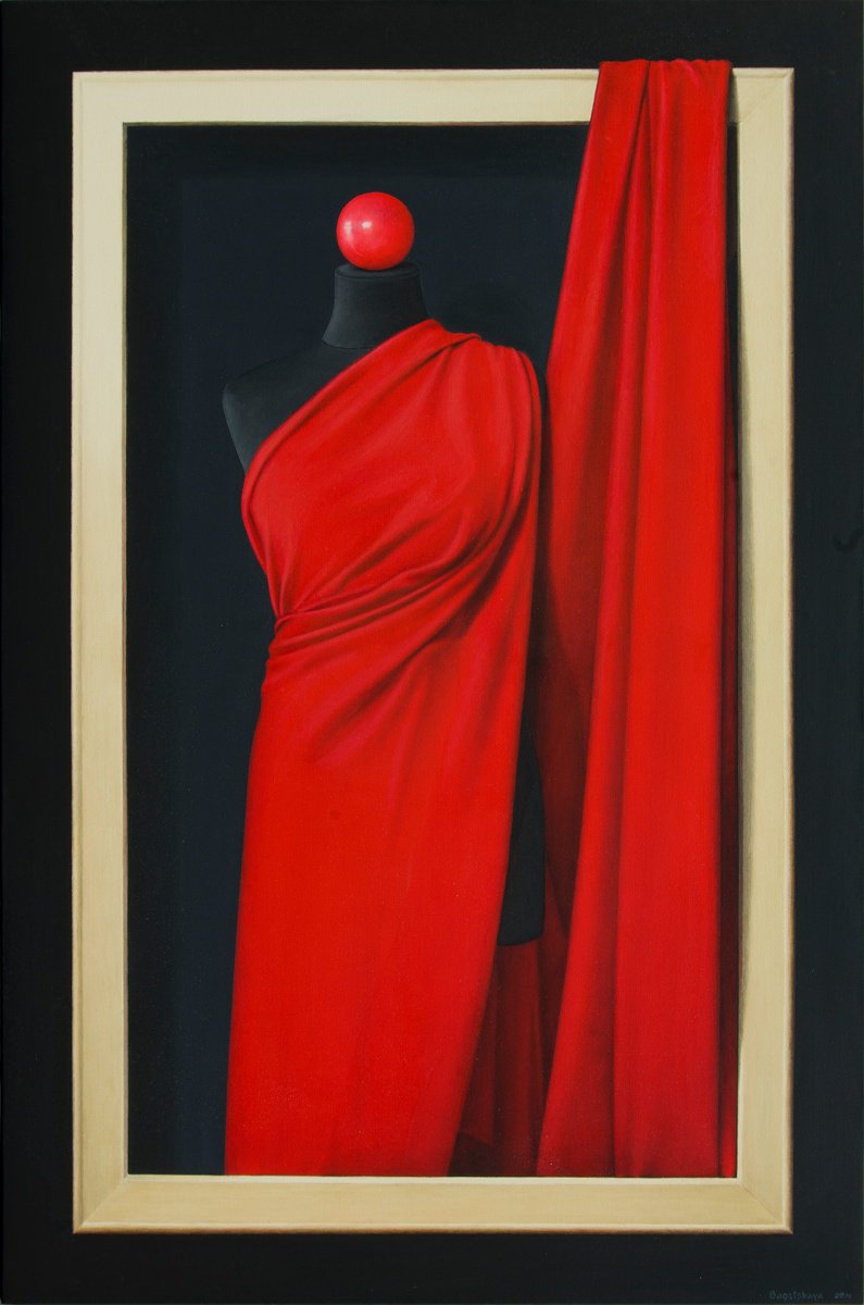 Photorealistic Still Life Acrylic Painting By Nataliya Bagatskaya, 35 X 53", Still Life In Hyperrealism "Just Red Fabric On A Black Mannequin...", Artfinder