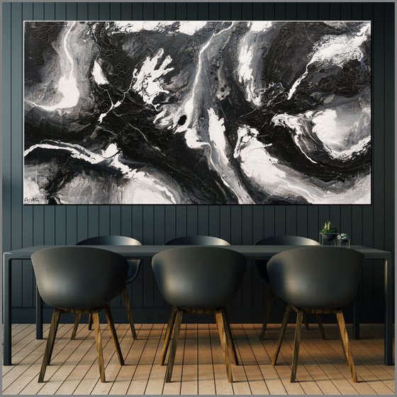 Iced Nero 190cm x 100cm Black White Textured Abstract Art
