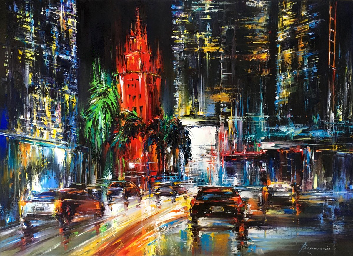 Impressionistic Cityscapes Oil Painting By Olena Romanenko, 28 X 20", Evening Miami, Original Artwork