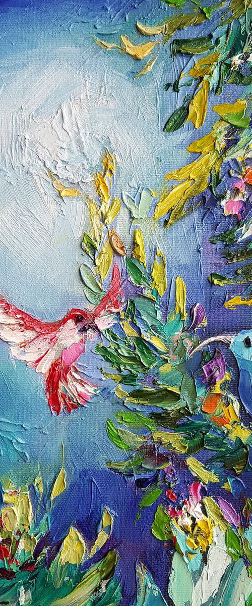 Depth of the sky -  humming bird, painting on canvas,animals oil painting, art bird, Impressionism, palette knife, gift. by Anastasia Kozorez