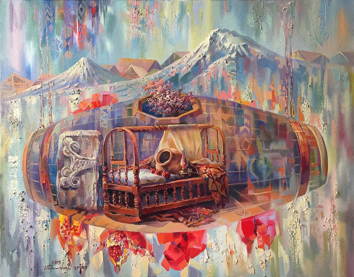 Impressionistic Still Life Oil Painting By Meruzhan Khachatryan, 35 X 28", Butter Churn, Original Artwork