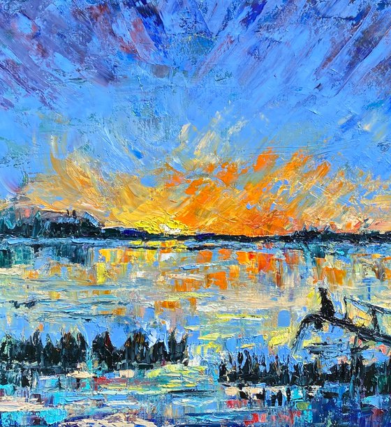 Sunset - You are never alone, 50*60cm, impressionistic landscape oil painting in orange and blue ultramarine