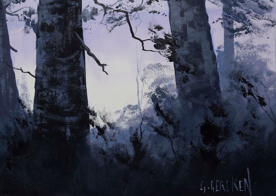 Misty trees with lake view
