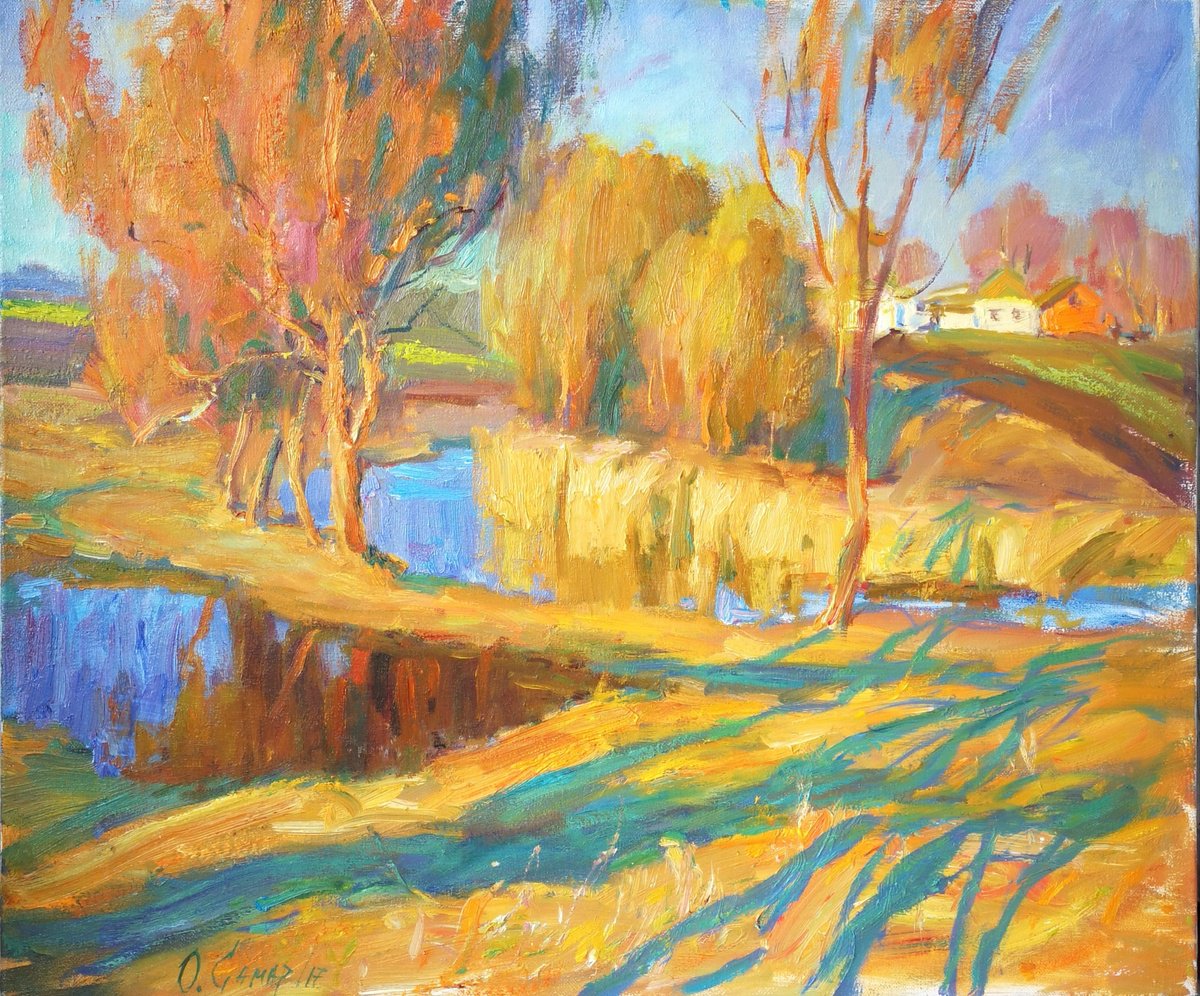 Impressionistic Landscape Oil Painting By Olga Samar, 26 X 22", Behind The Village, Original Artwork