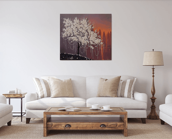 Flowering Tree/ Spring Sunset on the River/ Large Painting