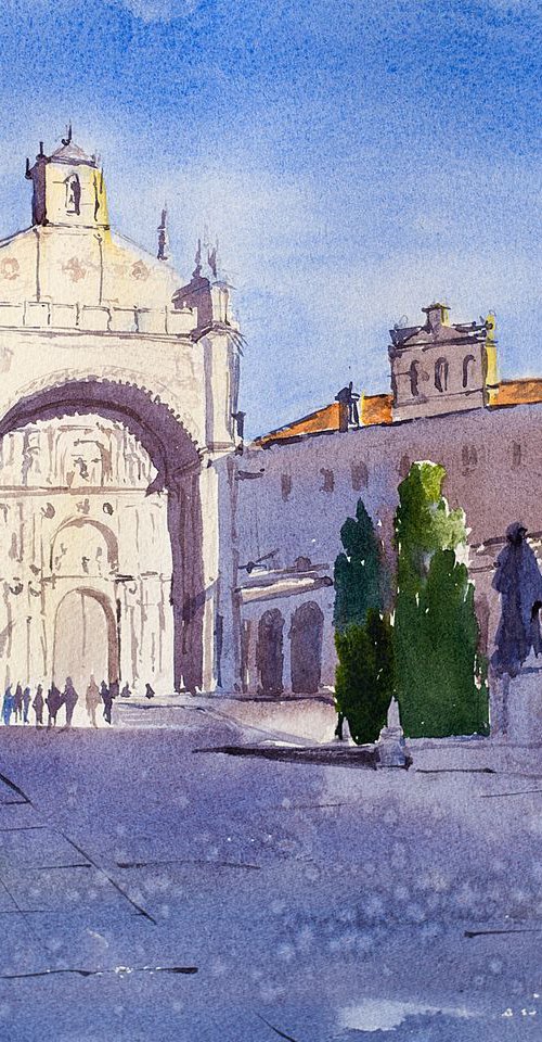 Convento de San Esteban in the afternoon light. Salamanca, Spain. Original watercolor. by Sasha Romm