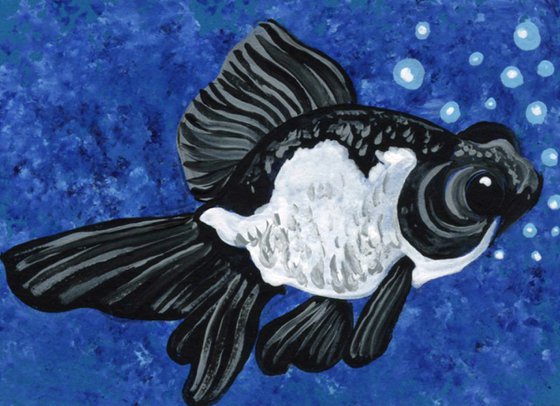 ACEO ATC Original Miniature Painting Panda Moor Goldfish Pet Art-Carla Smale