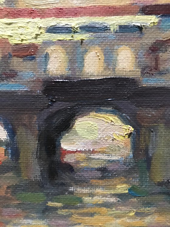 Original Oil Painting Wall Art Artwork Signed Hand Made Jixiang Dong Canvas 25cm × 30cm Ponte Vecchio in the Sunset small building Impressionism