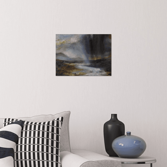 Glen in A Sudden Beam of Light. Semi abstract classical landscape on canvas 30x40cm.