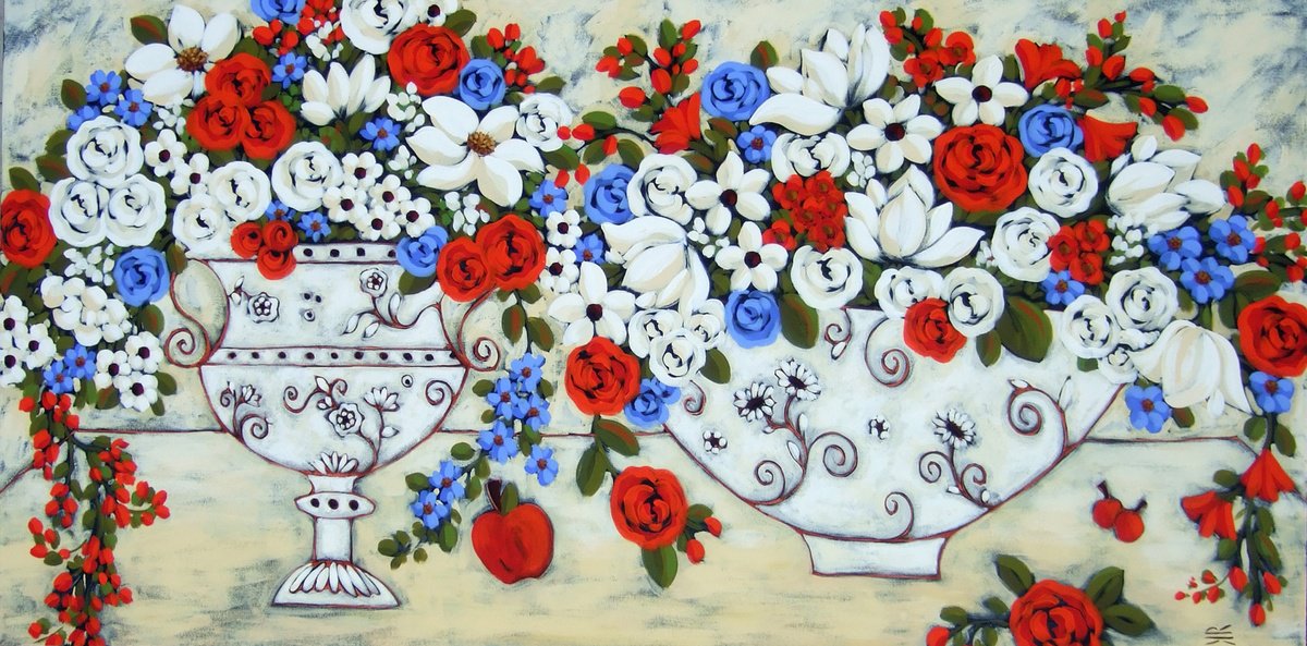 Impressionistic Botanical Acrylic Painting By Karen Rieger, 60 X 30", Two Bouquets With Mixed Blooms, Original Artwork