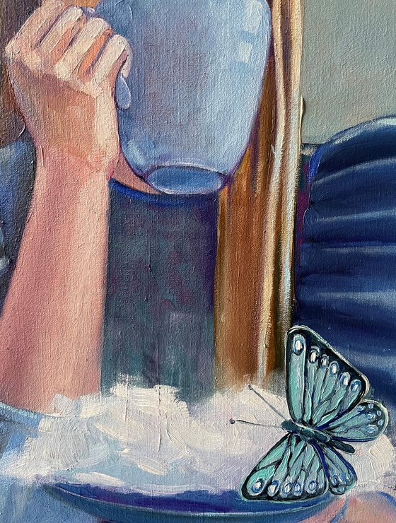 Butterfly on a cloud. Surrealism. Original oil painting girs, Portrait