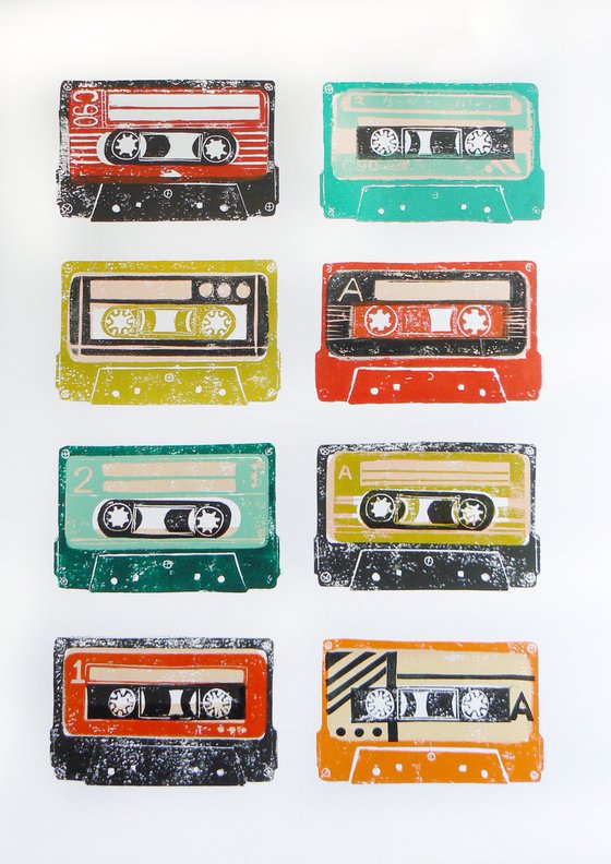 Linocut tapes #8 (cassette tapes, retro music, 70's, 80's rock culture)